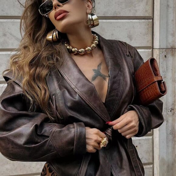 Jackets & Blazers - Chic Brown Faux Leather Corset Waist Jacket Lace-Up Shoulders
